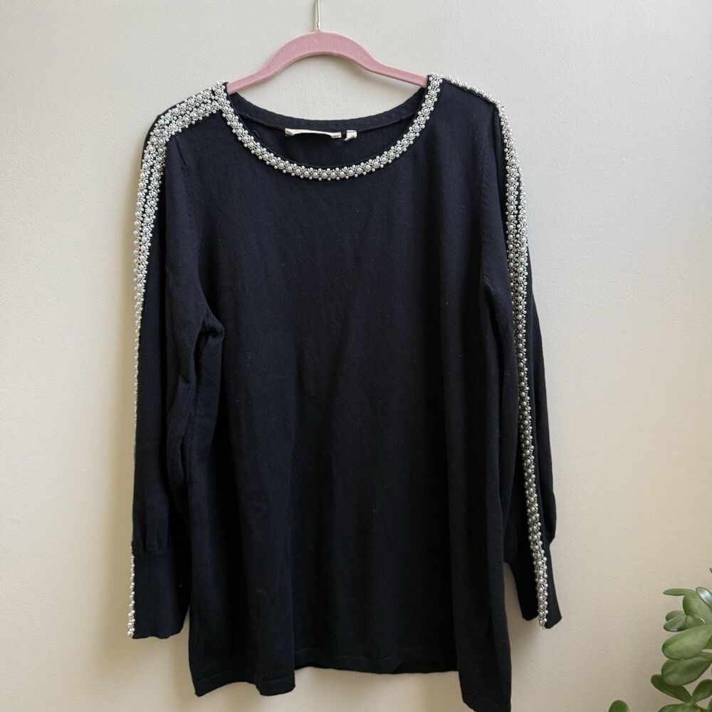 Soft Surroundings Sweater Womens L  Black Embellished Beaded Crewneck Pullover